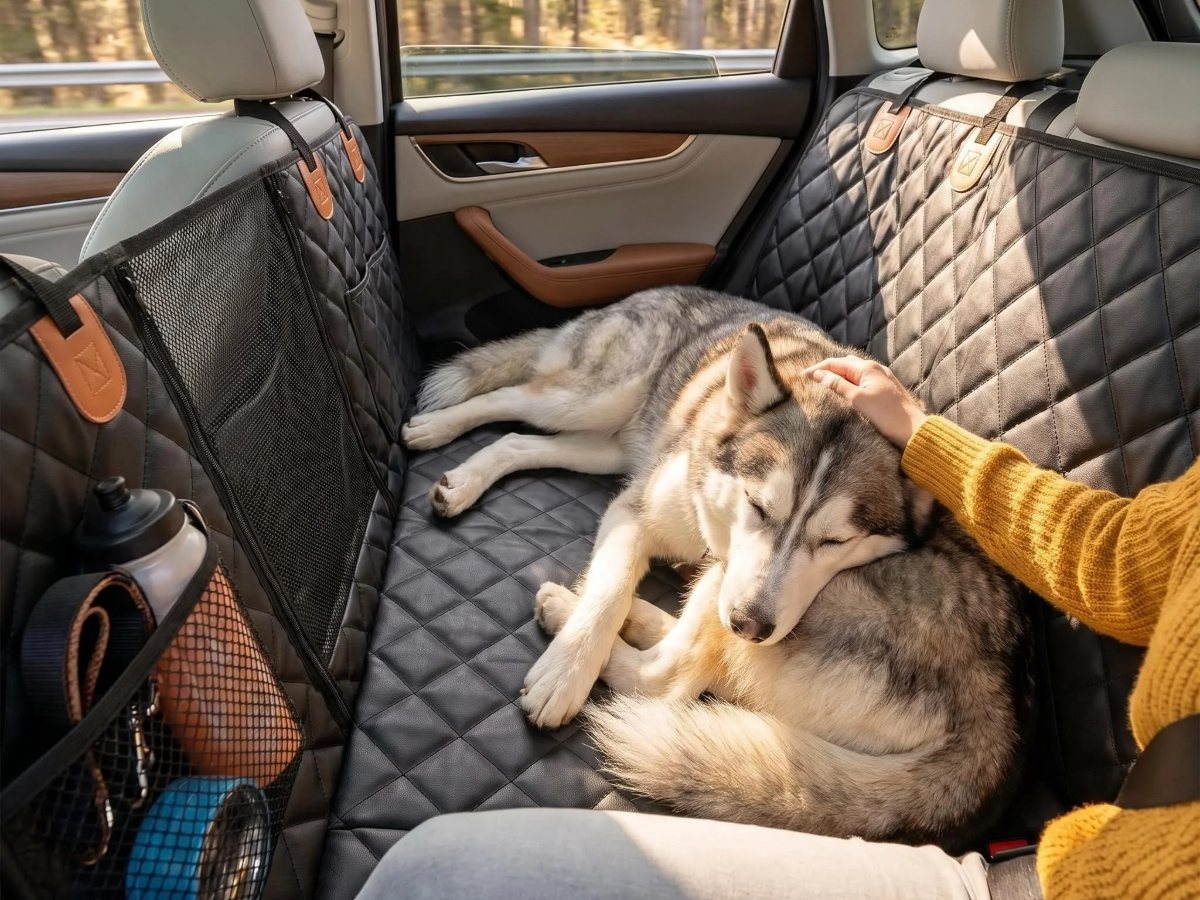 Husky che dorme sdraiato stabile su Piano montato in auto