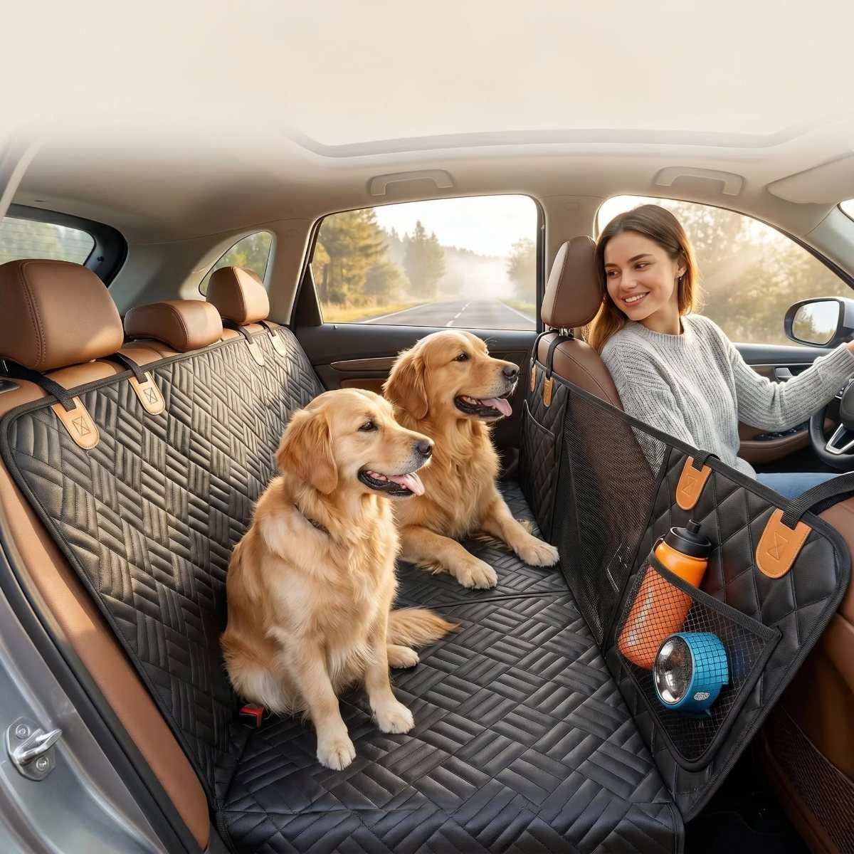 Due golden retriever su Piano montato sul sedile posteriore